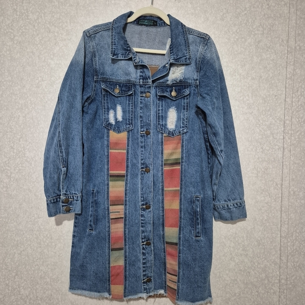 Express Blue Denim Jacket-Long Western With Aztec Print...Size:M